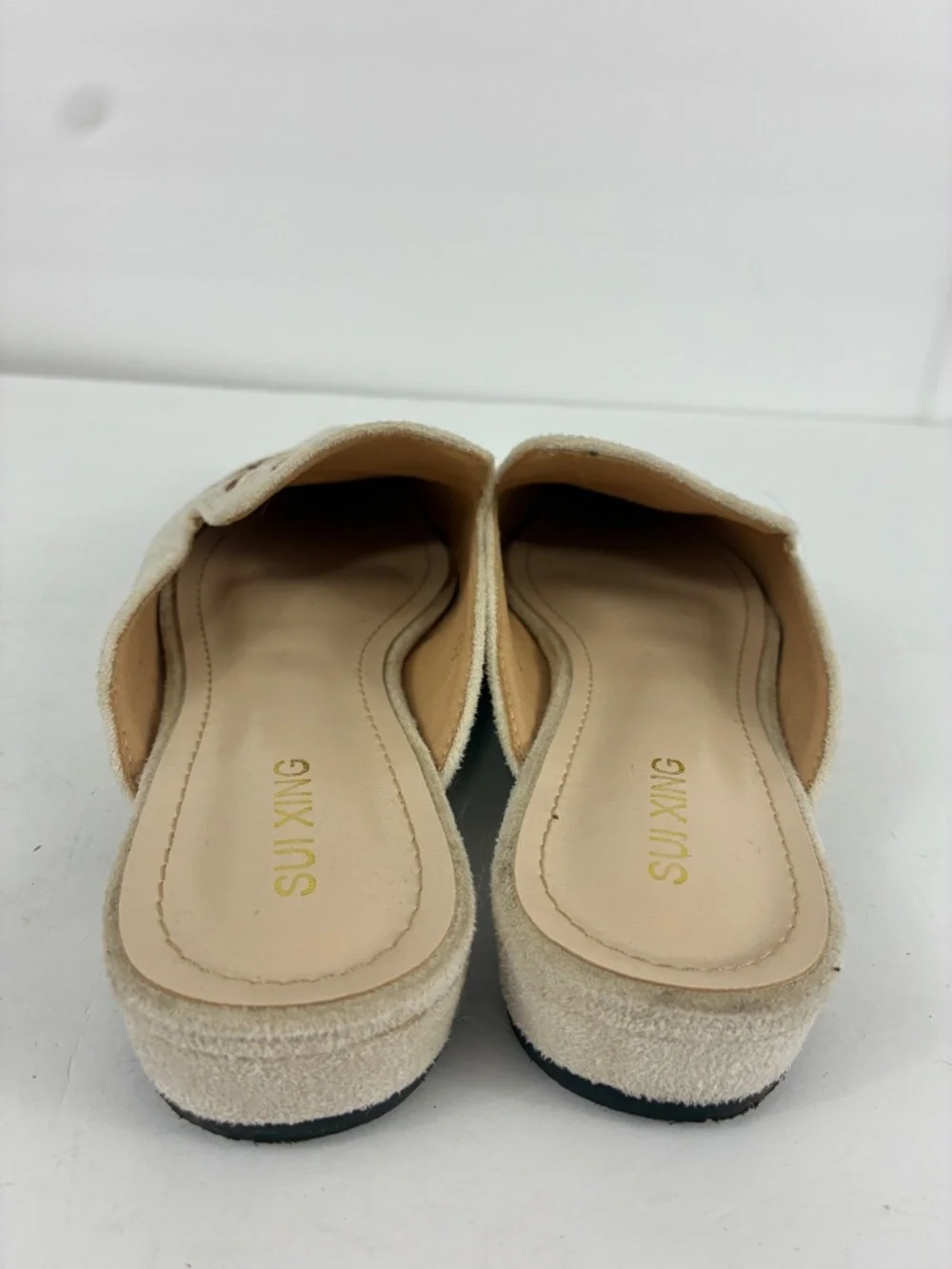 Sun Moon Embroidered Mules Suede Pointed Toe Slip On Flat Shoes Loafers Beige
